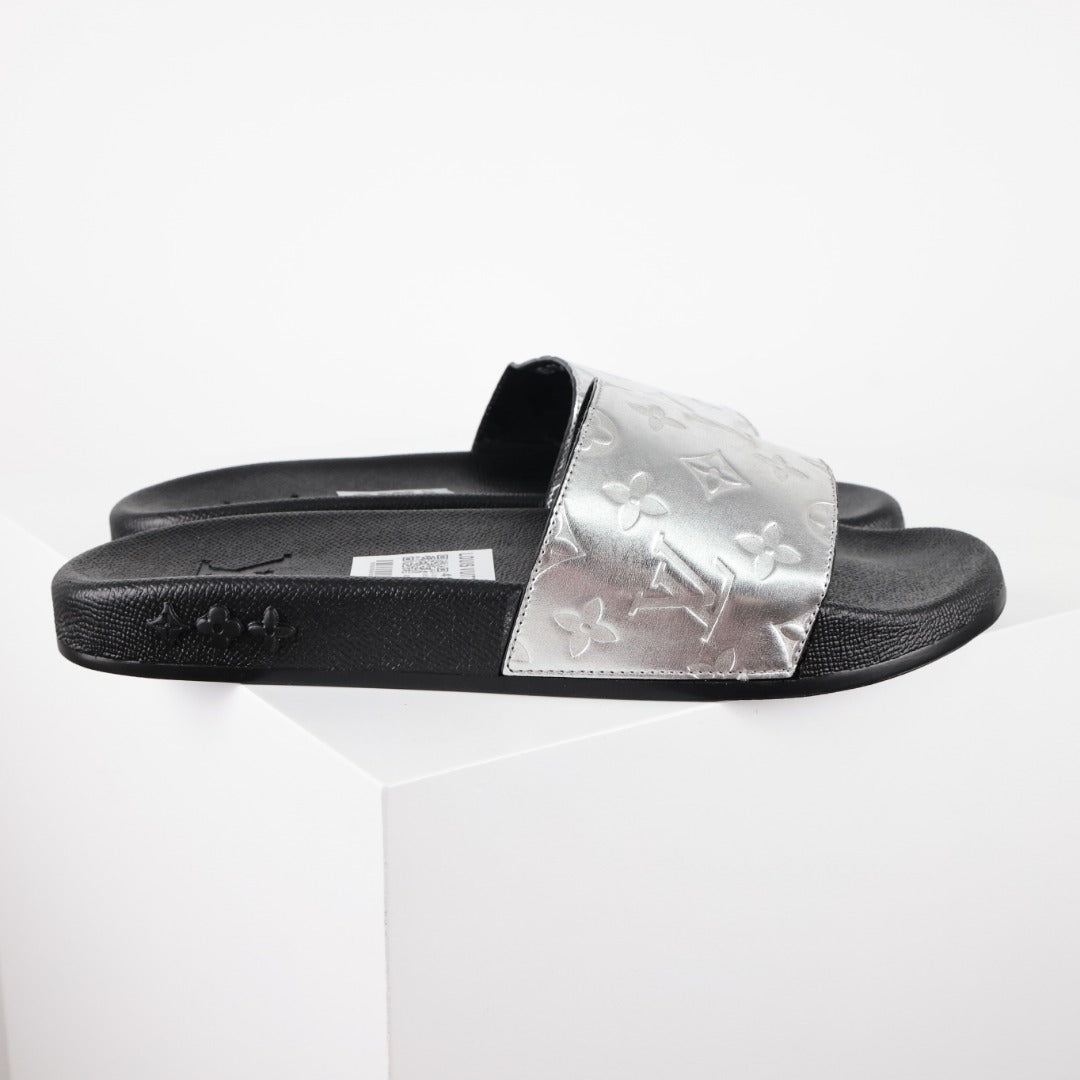 L***V Silver Mirror Metallic Embossed Monogram Waterfront Wide Strap Slide Sandals — Spring Summer Boutique Limited Edition