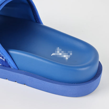 L***V Royal Blue Monogram Jacquard Velcro Adjustable Wide Strap Miami Slide Sandals — Spring Summer Boutique Limited Edition