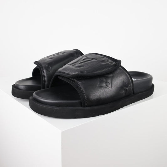L***V All-Black Inflated Pillow Leather Velcro Adjustable Wide Strap Miami Slide Sandals — Spring Summer Boutique Limited Edition