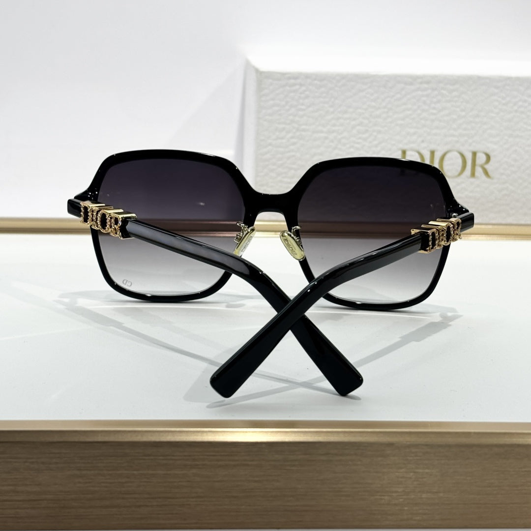 D**R Oversized Square Sunglasses | Gloss Black Acetate, Gold Crystal-Set DIOR Letter Temple, Gradient Grey Lenses, CD Monogram Print