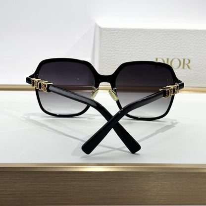 D**R Oversized Square Sunglasses | Gloss Black Acetate, Gold Crystal-Set DIOR Letter Temple, Gradient Grey Lenses, CD Monogram Print