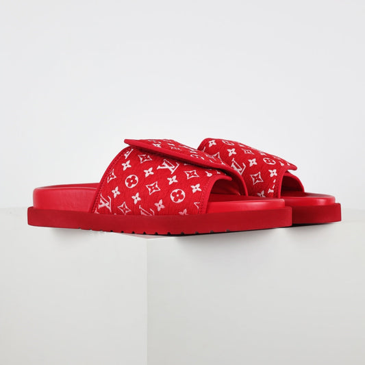 L***V Scarlet Red Monogram Jacquard Twisted Bow Ruched Strap Miami Slide Sandals — Spring Summer Boutique Limited Edition