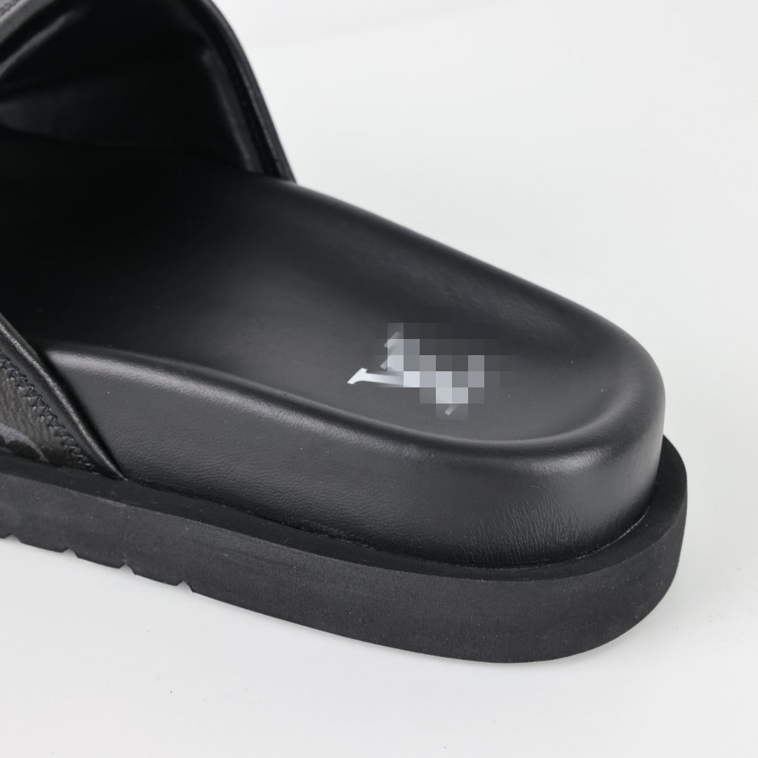 L***V Monogram Eclipse All-Black Velcro Adjustable Wide Strap Miami Slide Sandals — Spring Summer Boutique Limited Edition