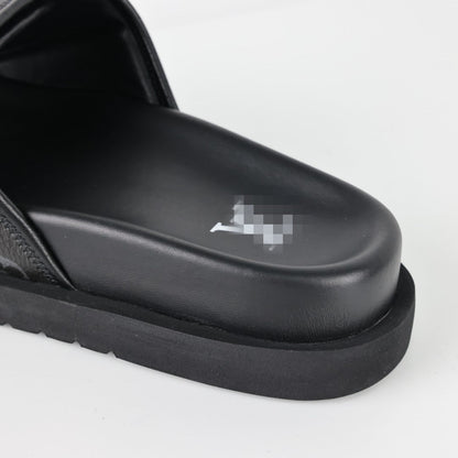 L***V Monogram Eclipse All-Black Velcro Adjustable Wide Strap Miami Slide Sandals — Spring Summer Boutique Limited Edition