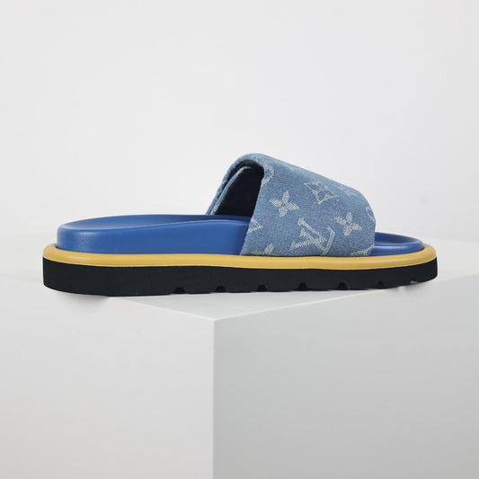 L***V Sky Blue Denim Monogram Gold Safety Pin Platform Slide Sandals — 2024 Spring Summer Boutique Limited Edition