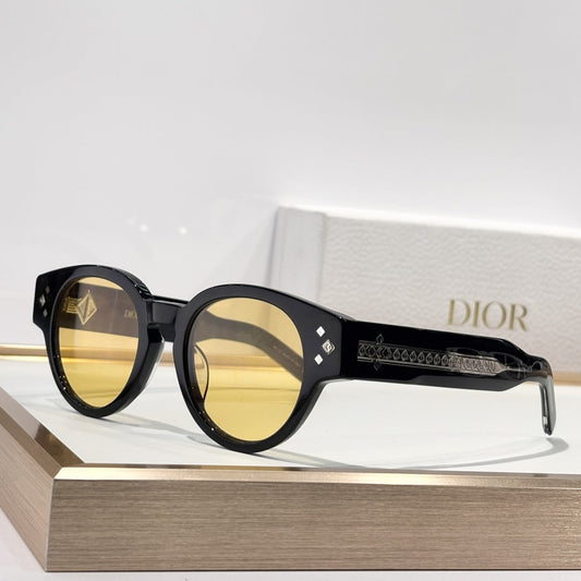 D**R DiorDiamond R1I Round Sunglasses | Black Acetate Frame, Yellow Lenses, Diamond Rivet Detail | Multiple Colors