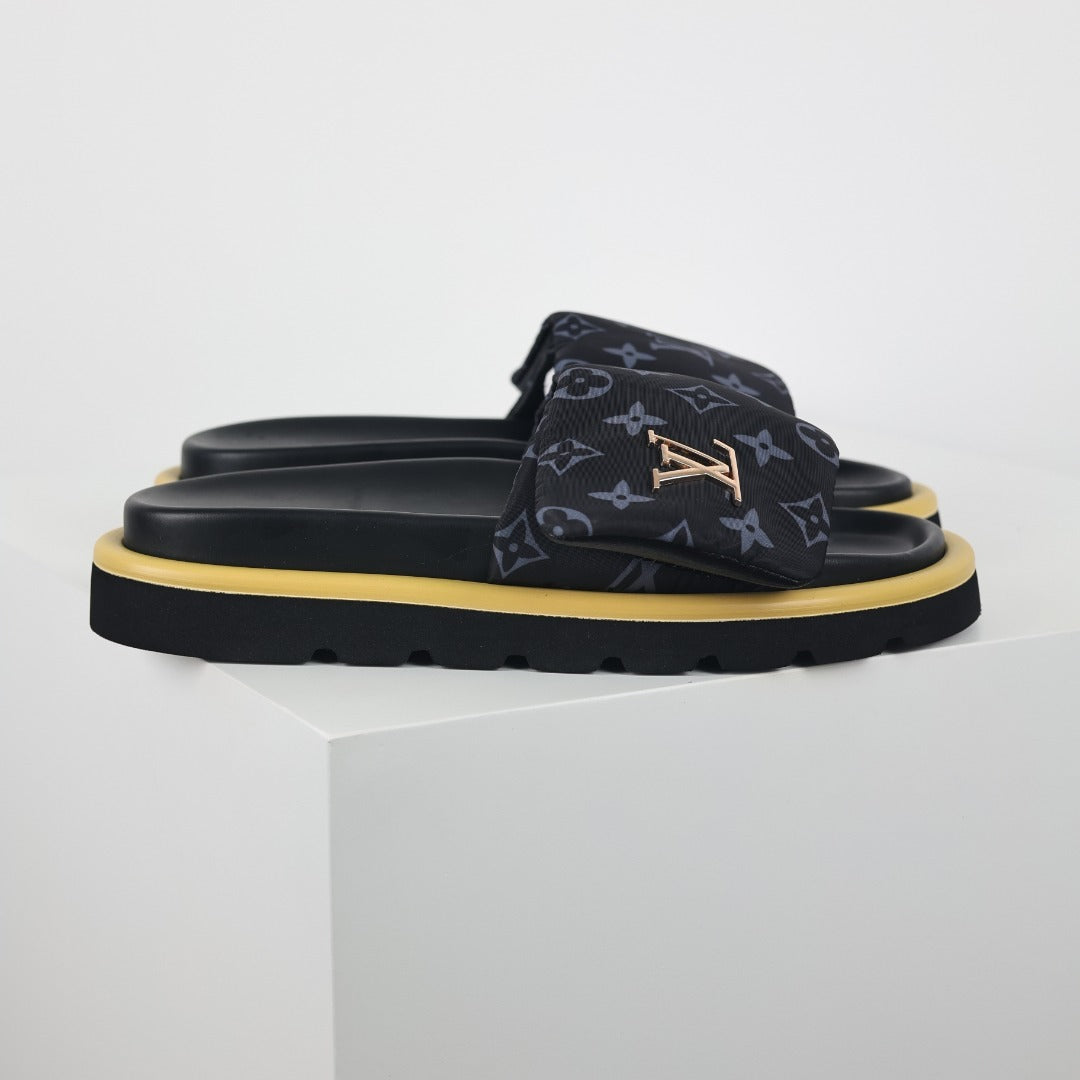 L***V Black Monogram Canvas Platform Slide Sandals — 2024 Spring Summer Boutique Limited Edition
