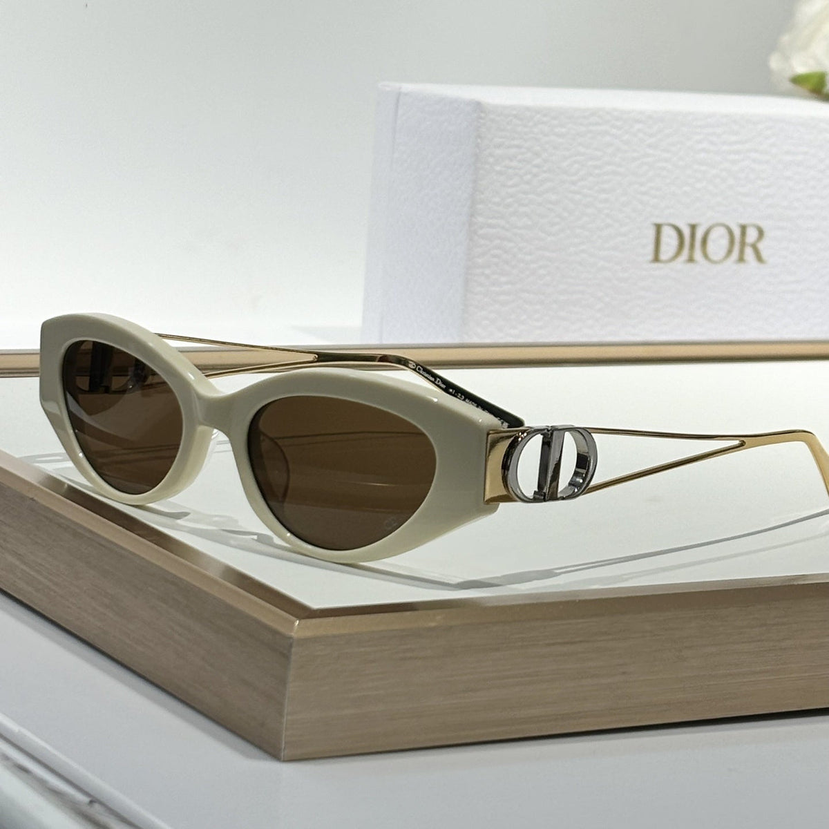 D**R Narrow Cat-Eye Sunglasses | Acetate Frame, CD Metal Badge, Gold Twin-Wire Metal Temple | 6 Colors