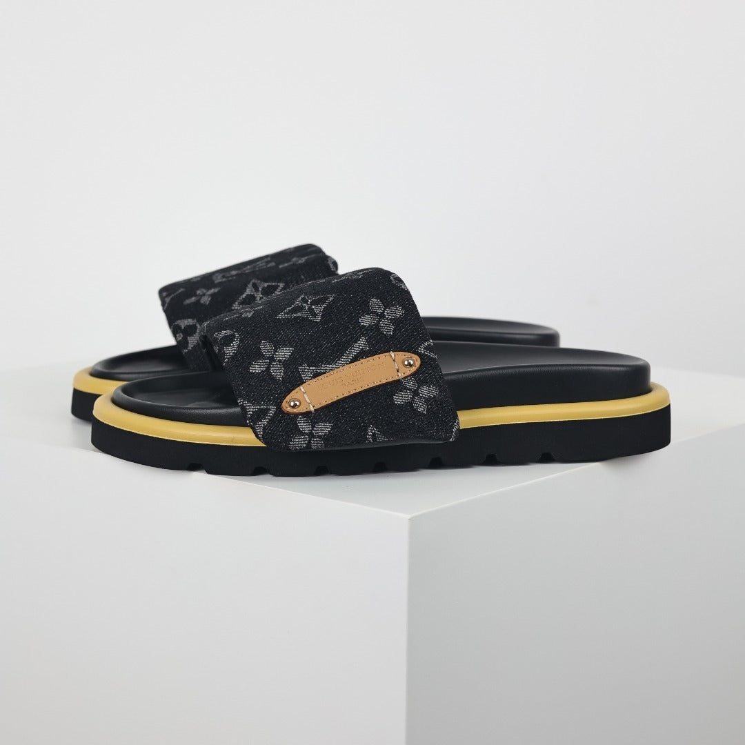 L***V Black Monogram Canvas Gold Safety Pin Platform Slide Sandals — 2024 Spring Summer Boutique Limited Edition