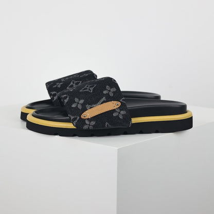 L***V Black Monogram Canvas Gold Safety Pin Platform Slide Sandals — 2024 Spring Summer Boutique Limited Edition