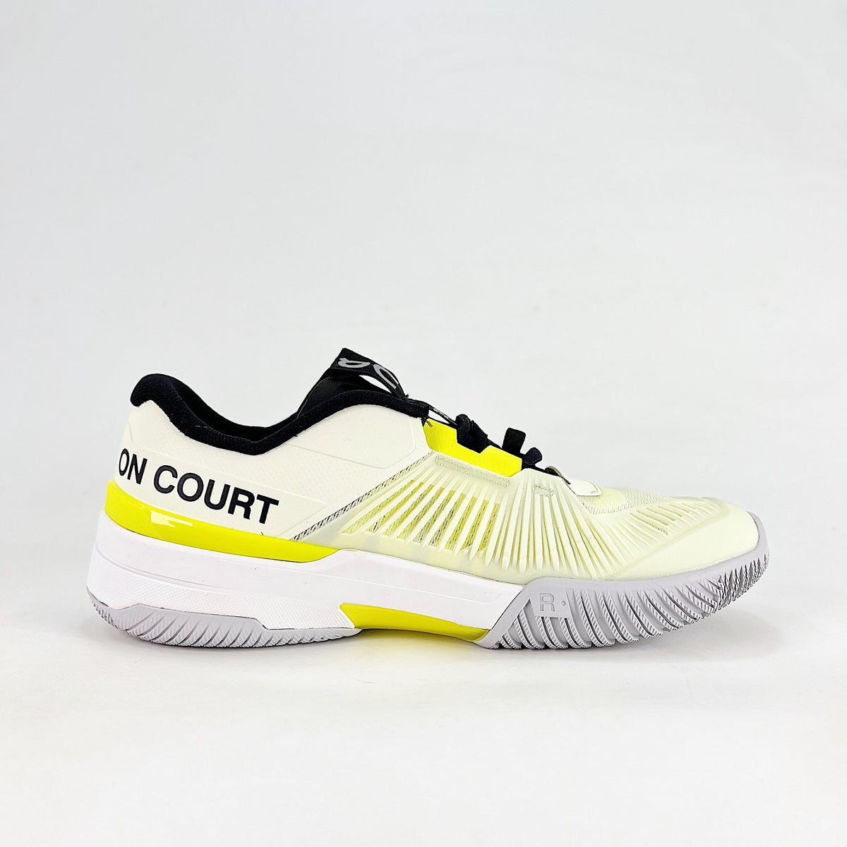 On THE ROGER Pro Fire – Unisex Lightweight Breathable Anti-Slip Shock-Absorbing Low-Top Tennis Shoes | White, Neon Yellow & Black
