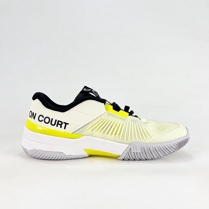 On THE ROGER Pro Fire – Unisex Lightweight Breathable Anti-Slip Shock-Absorbing Low-Top Tennis Shoes | White, Neon Yellow & Black
