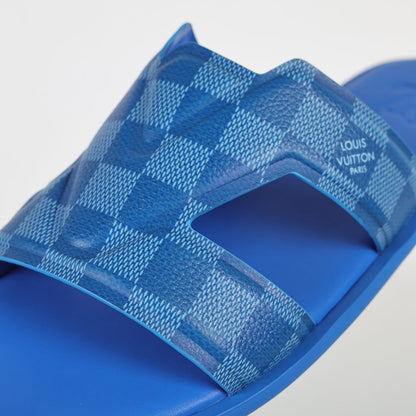 L***V Cobalt Blue Damier Embossed Leather H-Strap Multi-Band Oasis Flat Slide Sandals — Spring Summer Boutique Limited Edition