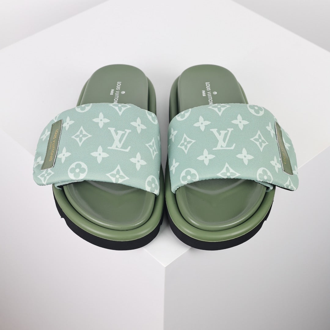 L***V Sage Green Tonal Monogram Canvas Wide Strap Platform Slide Sandals — 2024 Spring Summer Boutique Limited Edition