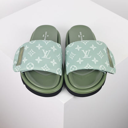 L***V Sage Green Tonal Monogram Canvas Wide Strap Platform Slide Sandals — 2024 Spring Summer Boutique Limited Edition
