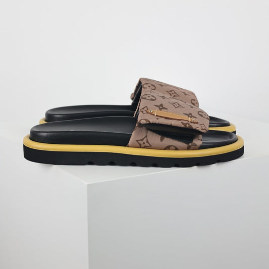 L***V Brown Classic Monogram Canvas Wide Strap Platform Slide Sandals — 2024 Spring Summer Boutique Limited Edition