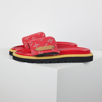 L***V Red Monogram Canvas Gold Safety Pin Double Strap Platform Slide Sandals — 2024 Spring Summer Boutique Limited Edition