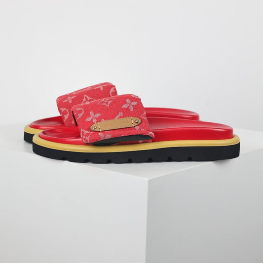 L***V Red Monogram Canvas Gold Safety Pin Double Strap Platform Slide Sandals — 2024 Spring Summer Boutique Limited Edition