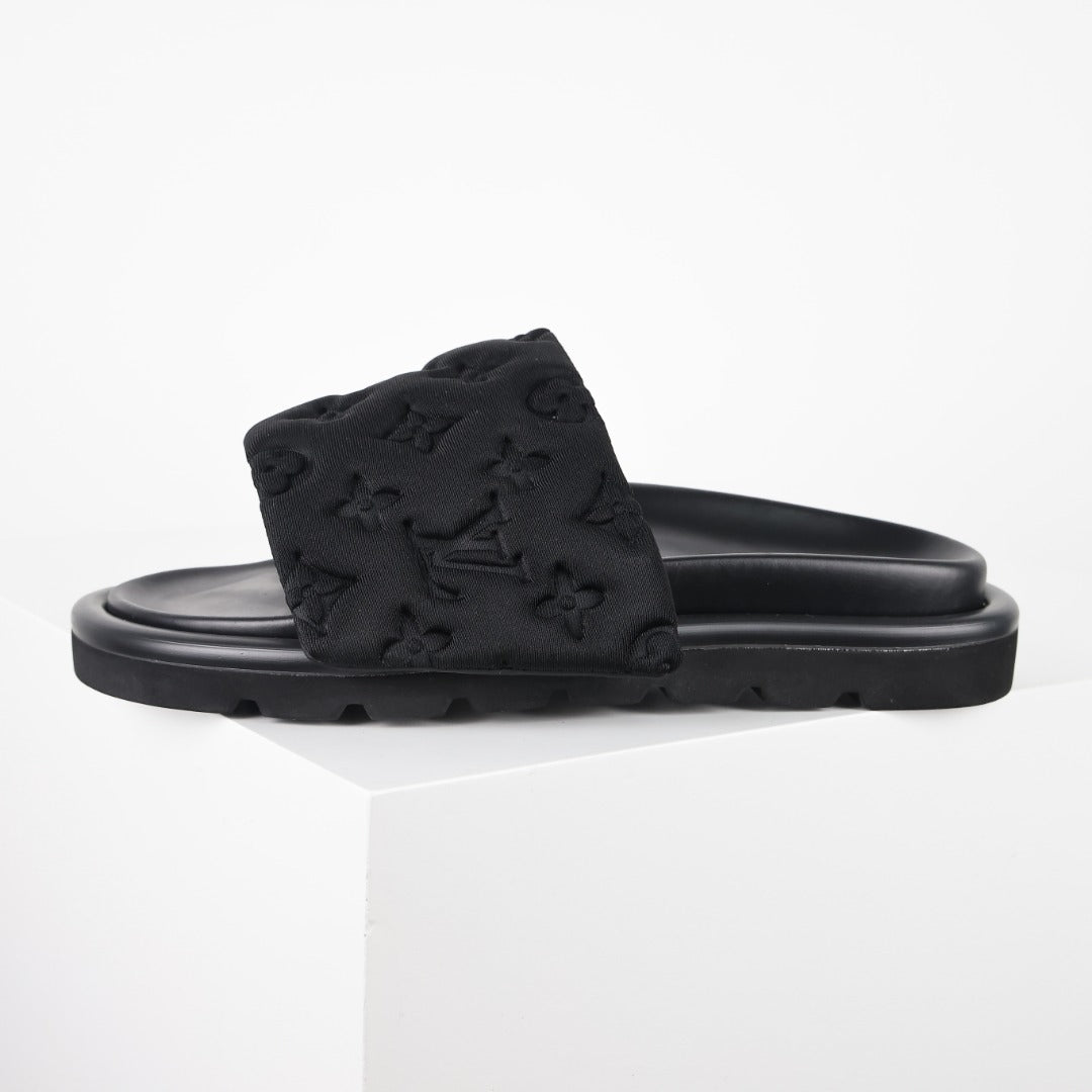 L***V All-Black Quilted Diamond Texture Wide Strap Slide Sandals — Spring Summer Boutique Limited Edition