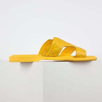 L***V Lemon Yellow Smooth Leather H-Strap Multi-Band Oasis Flat Slide Sandals — Spring Summer Boutique Limited Edition