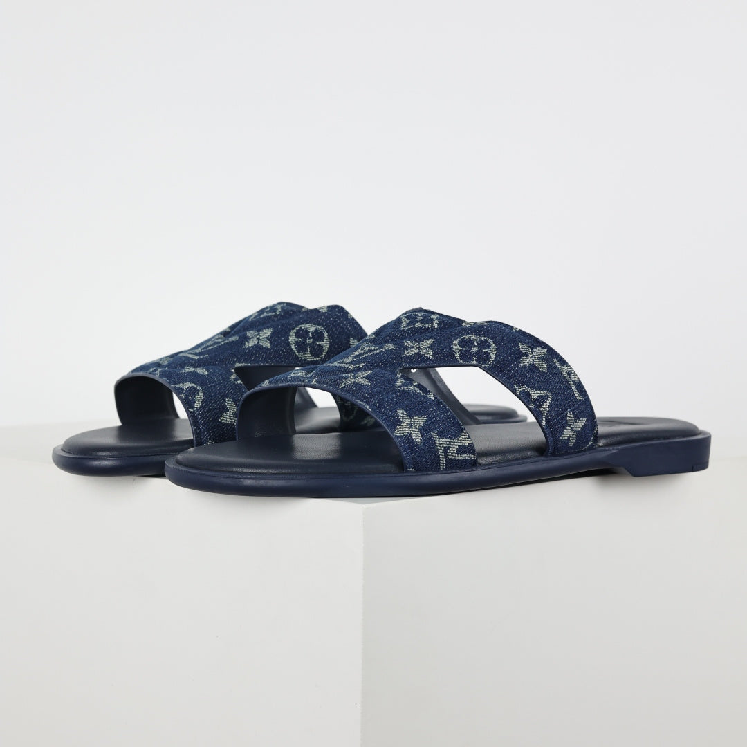 L***V Navy Blue Monogram Denim Jacquard H-Strap Multi-Band Oasis Flat Slide Sandals — Spring Summer Boutique Limited Edition