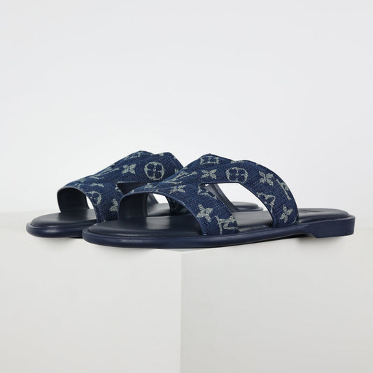 L***V Navy Blue Monogram Denim Jacquard H-Strap Multi-Band Oasis Flat Slide Sandals — Spring Summer Boutique Limited Edition