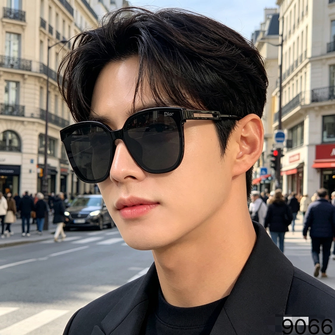 D**R Oversized Butterfly Sunglasses with Glossy Black Acetate Frame, Dark Grey Lenses & Geometric Open-Work Metal Bar Temples
