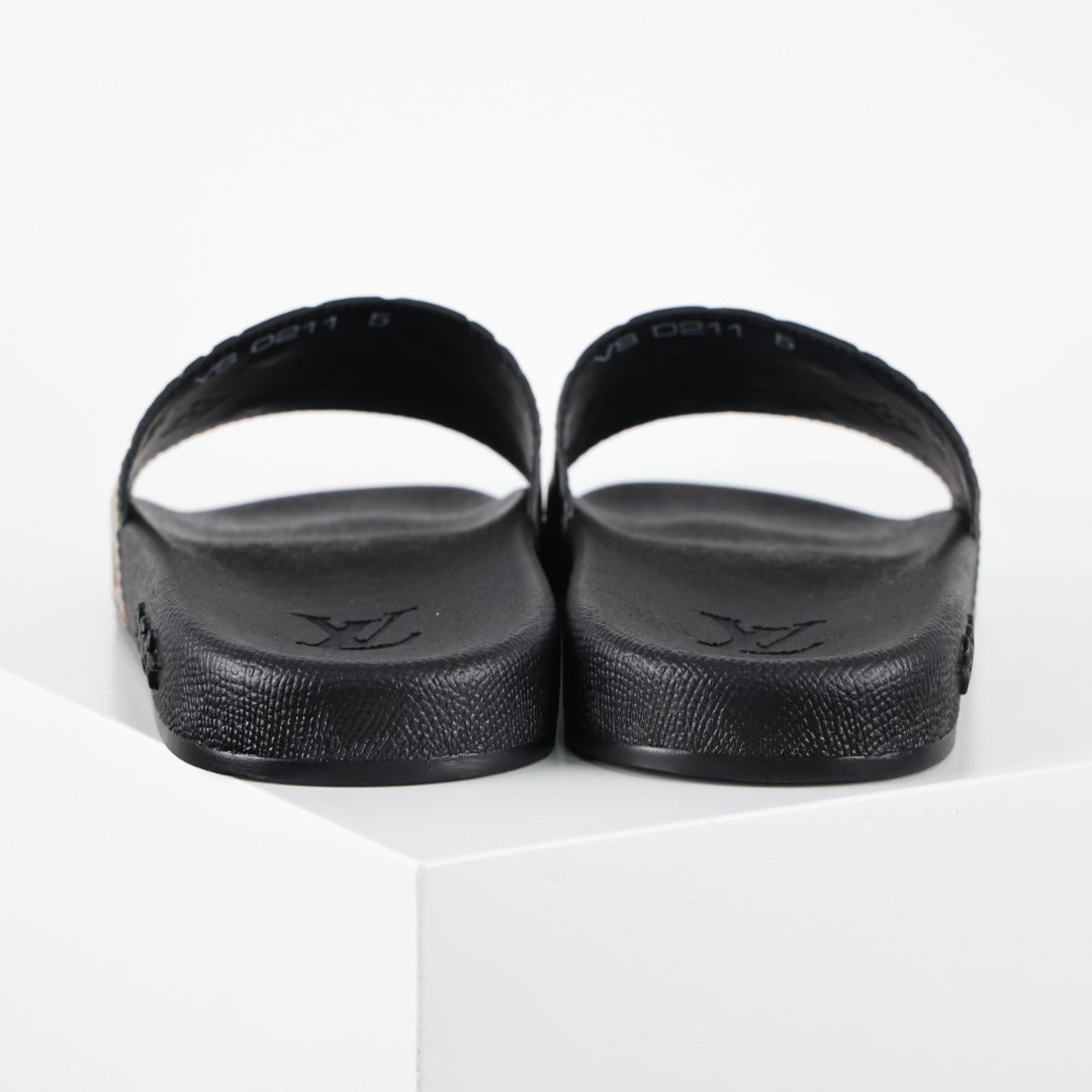 L***V Black Rainbow Iridescent Holographic Monogram Waterfront Wide Strap Slide Sandals — Spring Summer Boutique Limited Edition