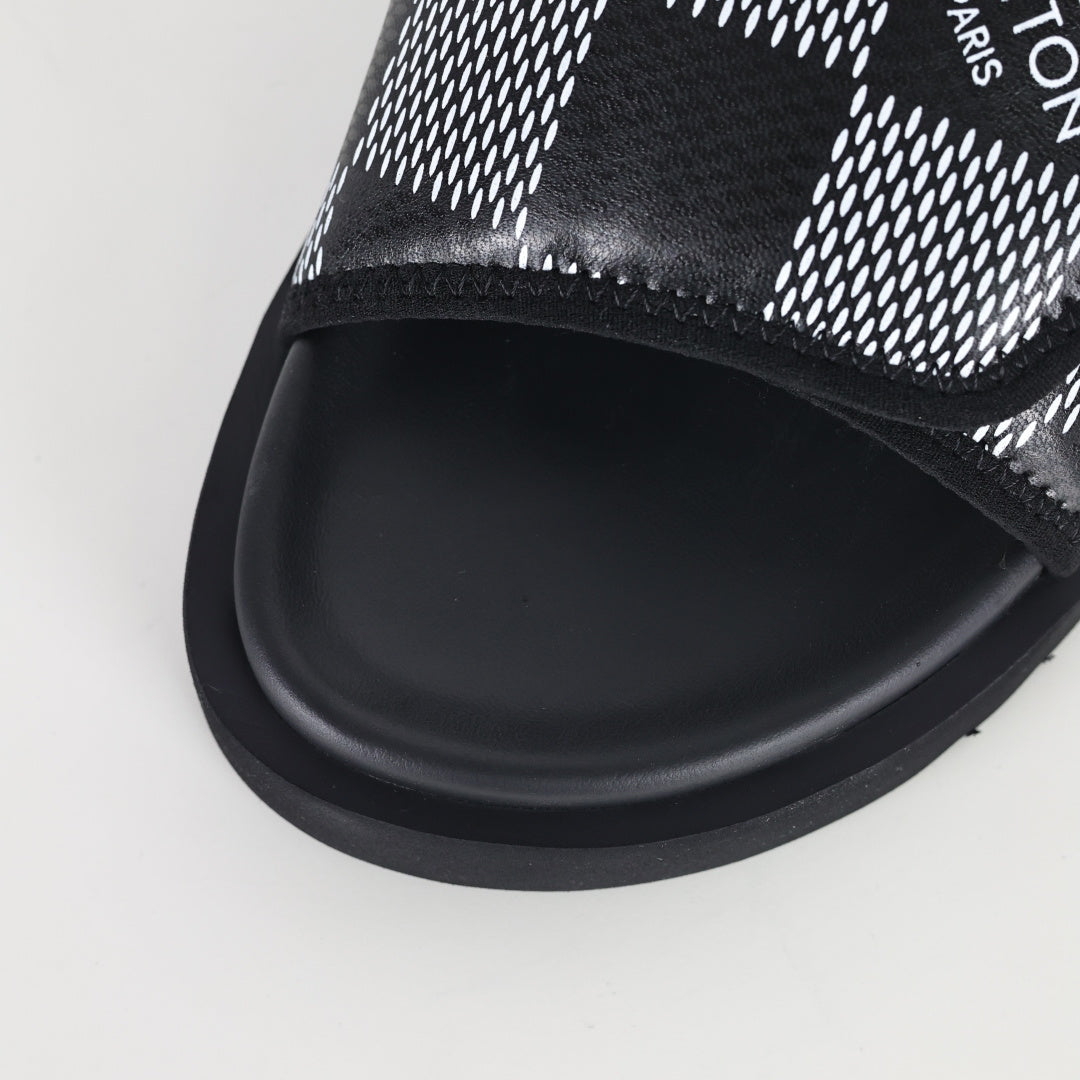 L***V Damier Graphite Black White Grey Woven Jacquard Pillow Slip-On Wide Strap Miami Slide Sandals — Spring Summer Boutique Limited Edition