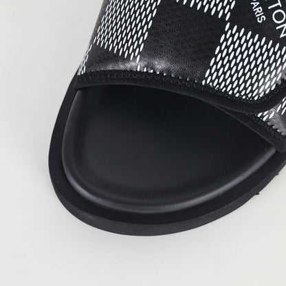 L***V Damier Graphite Black White Grey Woven Jacquard Pillow Slip-On Wide Strap Miami Slide Sandals — Spring Summer Boutique Limited Edition