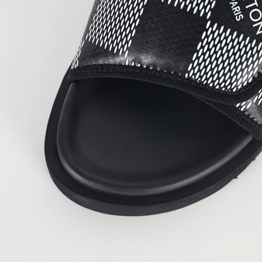 L***V Damier Graphite Black White Grey Woven Jacquard Pillow Slip-On Wide Strap Miami Slide Sandals — Spring Summer Boutique Limited Edition