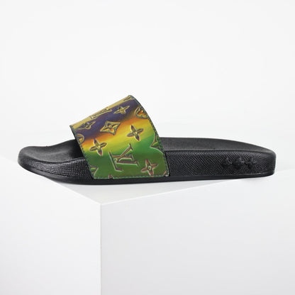 L***V Black Rainbow Iridescent Holographic Monogram Waterfront Wide Strap Slide Sandals — Spring Summer Boutique Limited Edition
