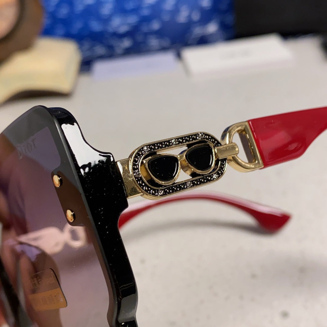 D**R Oversized Square Sunglasses | Black Frame, Red Temple, Gold CD Logo & Grey Gradient Lenses