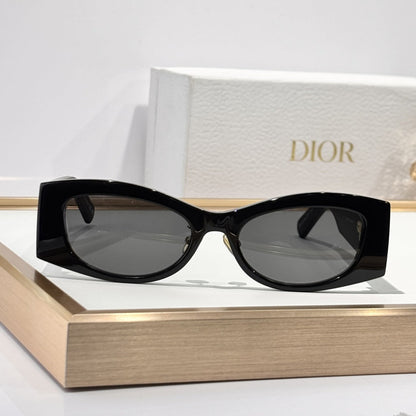 D**R Narrow Cat-Eye Sunglasses | Sleek Black Acetate Frame, Gold Hinge, Christian Dior Paris Temple, Flat Grey Lenses | Multiple Colors