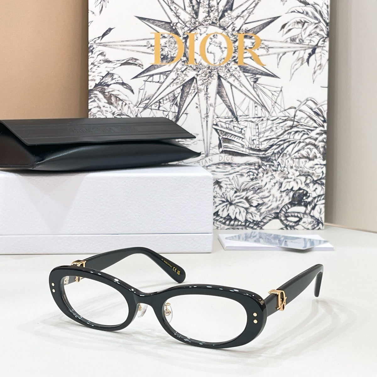D**R Slim Oval Sunglasses with Clear Transparent Acetate Frame, Forest Green Lenses & Gold Logo Hardware