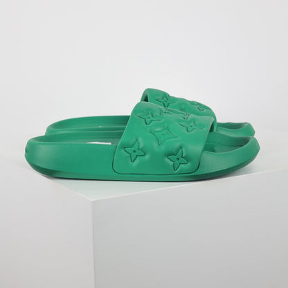L***V Kelly Green Tonal Monogram Embossed Waterproof EVA Waterfront Wide Strap Slide Sandals — Spring Summer Boutique Limited Edition