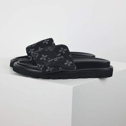 L***V All-Black Tonal Monogram Double Strap Flat Slide Sandals — 2024 Spring Summer Boutique Limited Edition