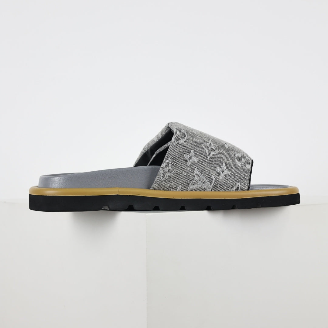 L***V Grey Denim Monogram Canvas Leather Buckle Strap Wide Band Platform Slide Sandals — Spring Summer Boutique Limited Edition
