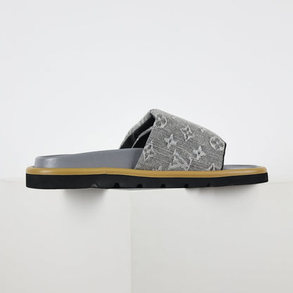 L***V Grey Denim Monogram Canvas Leather Buckle Strap Wide Band Platform Slide Sandals — Spring Summer Boutique Limited Edition