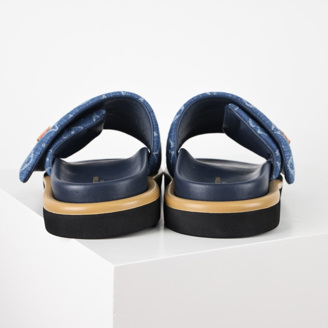 L***V Denim Monogram Velcro Strap Slide Sandals — Wide Band Adjustable Pool Beach Slippers (8 Colors)