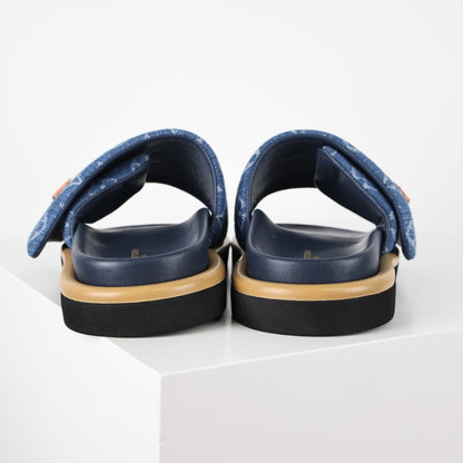 L***V Denim Monogram Velcro Strap Slide Sandals — Wide Band Adjustable Pool Beach Slippers (8 Colors)
