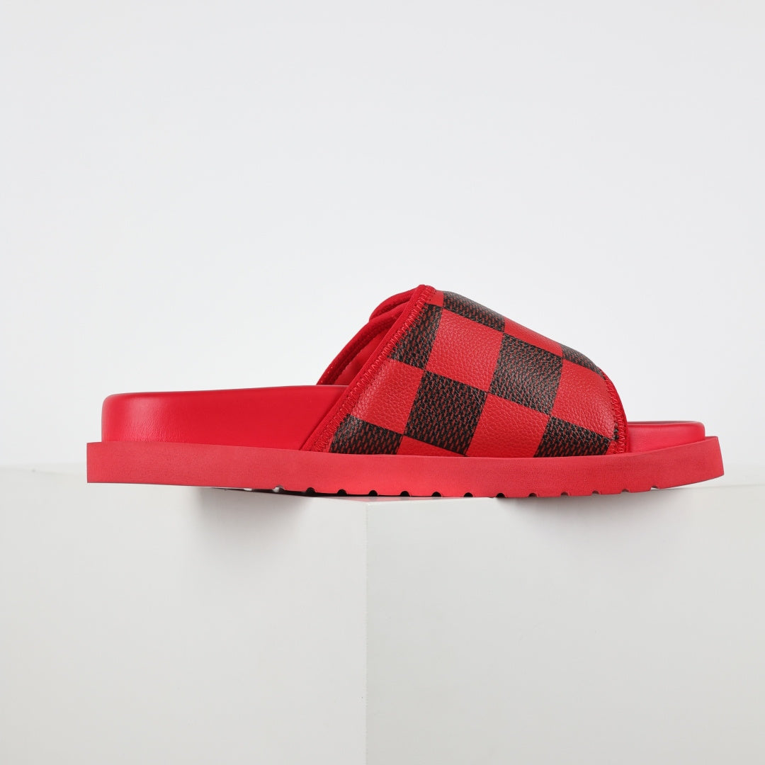 L***V Scarlet Red Dark Brown Damier Checkerboard Velcro Adjustable Wide Strap Miami Slide Sandals — Spring Summer Boutique Limited Edition
