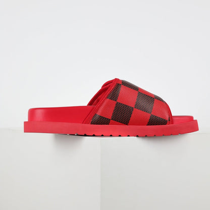 L***V Scarlet Red Dark Brown Damier Checkerboard Velcro Adjustable Wide Strap Miami Slide Sandals — Spring Summer Boutique Limited Edition