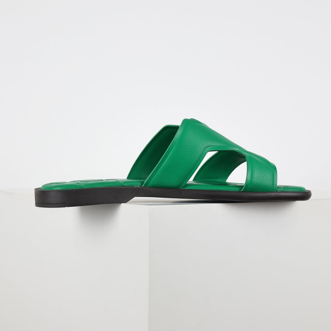 L***V Emerald Green Smooth Leather H-Strap Multi-Band Oasis Flat Slide Sandals — Spring Summer Boutique Limited Edition