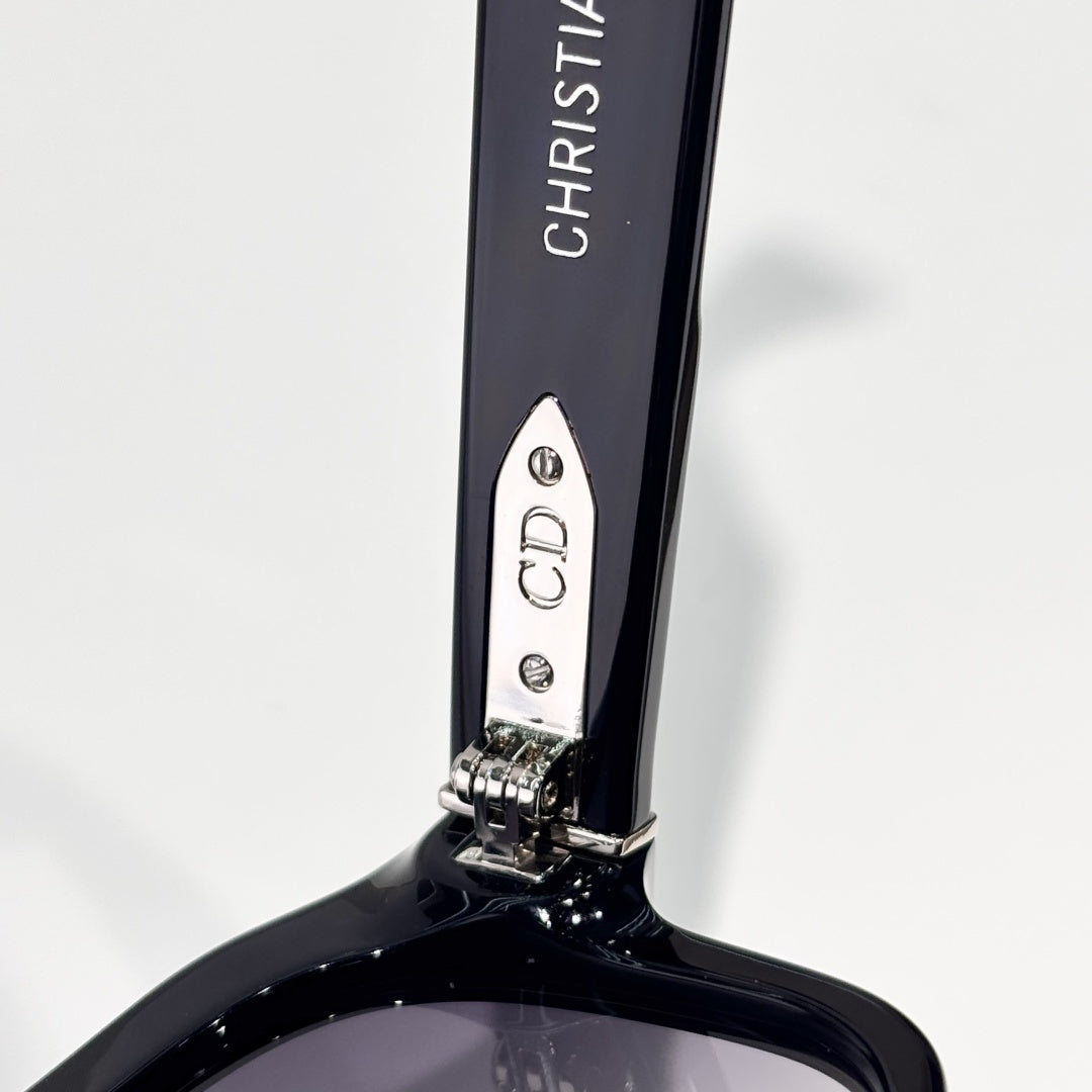 D**R Oversized Square Acetate Sunglasses | Gloss Black Frame, CD Rivet Temple, Silver Metal Tip, Light Gradient Grey Lenses