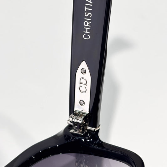 D**R Oversized Square Acetate Sunglasses | Gloss Black Frame, CD Rivet Temple, Silver Metal Tip, Light Gradient Grey Lenses