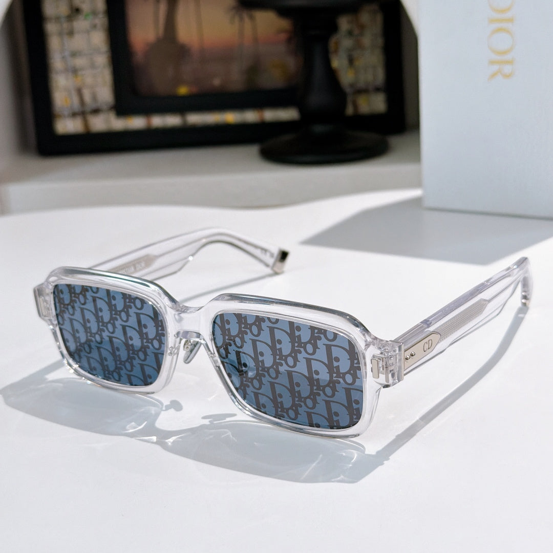 D**R Thick Rectangular Sunglasses with Chunky Smoky Grey Transparent Acetate Frame, Dark Grey Solid Lenses & Silver CD Badge Hardware