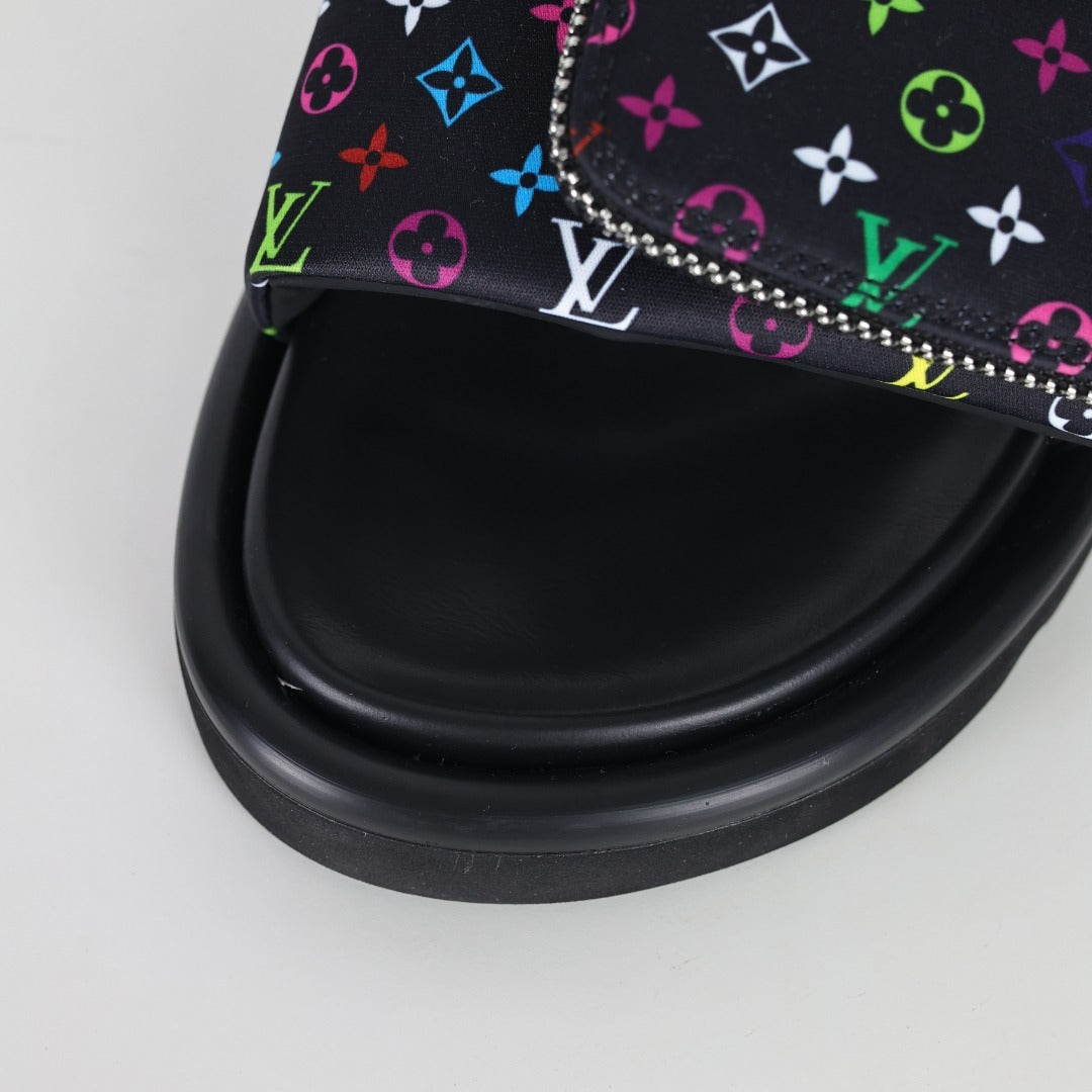 L***V Black Multicolor Monogram Gold Zipper Bow Wide Strap Pool Pillow Slide Sandals — Spring Summer Boutique Limited Edition