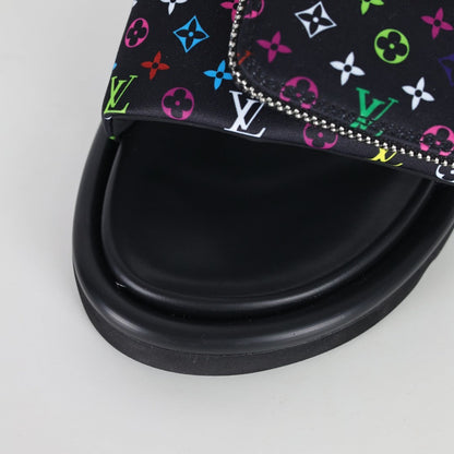 L***V Black Multicolor Monogram Gold Zipper Bow Wide Strap Pool Pillow Slide Sandals — Spring Summer Boutique Limited Edition