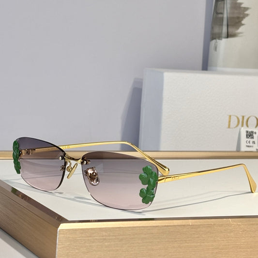D**R Slim Rimless Oval Sunglasses with Warm Brown Solid Lenses, Silver Metal Temples & Sculptural White Flower Cluster Embellishment